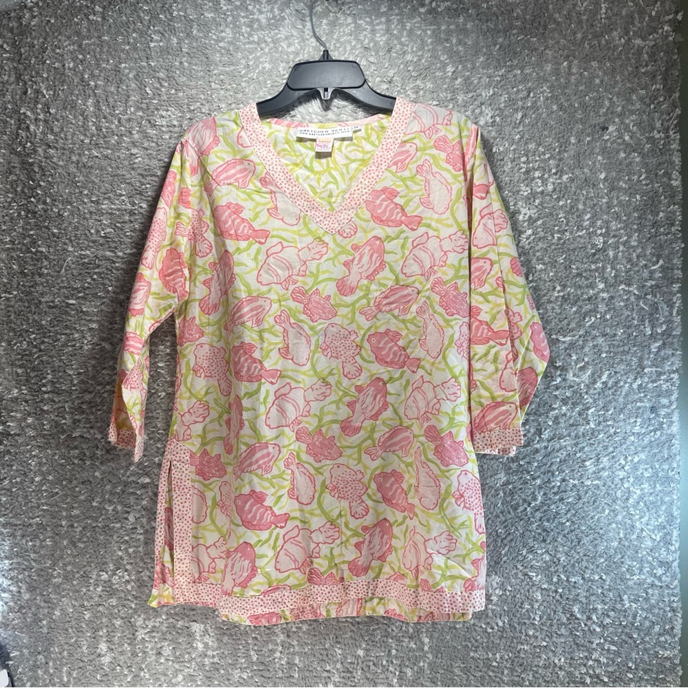 Gretchen Scott Womens V-neck Tunic Blouse All Over Fish Print M Cotton Colorful